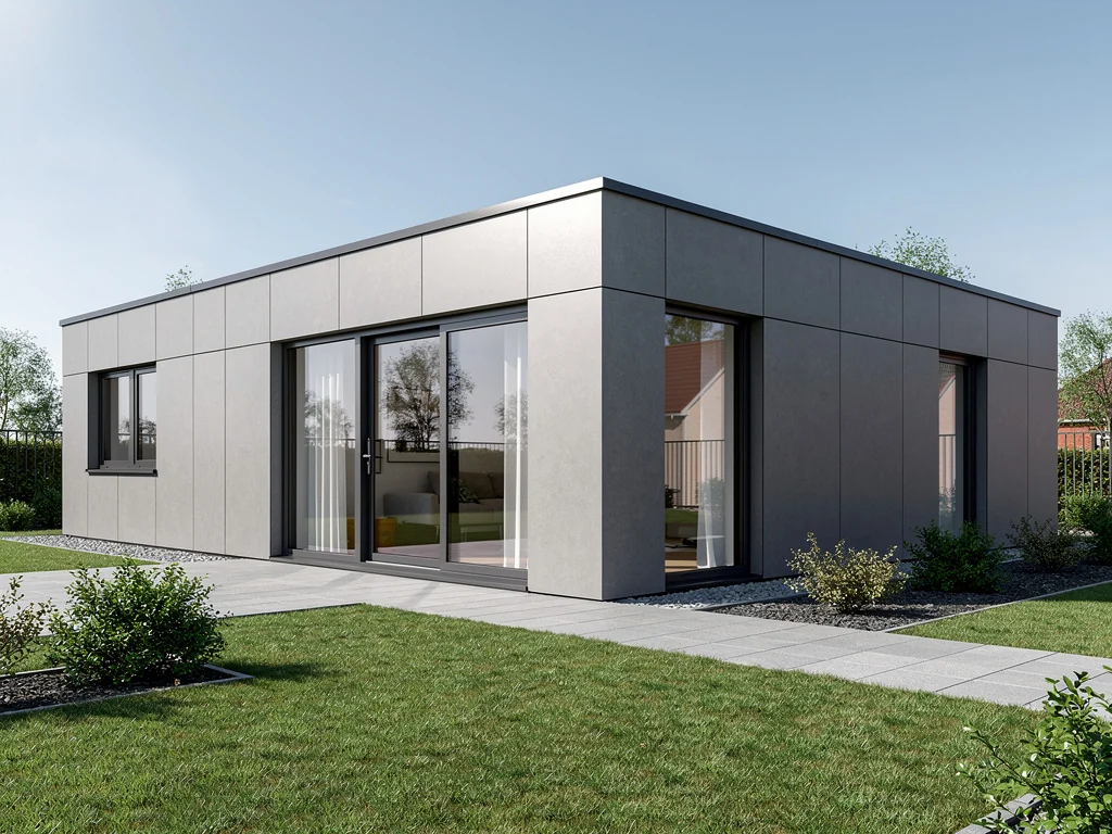 Pavillon rénové avec bardage composite gris et menuiseries sombres